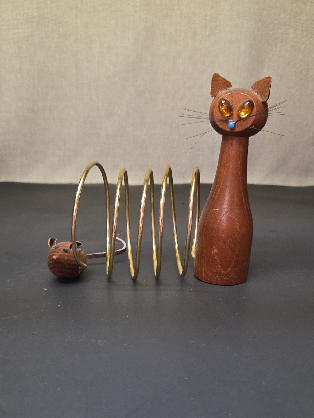 Vintage MCM Mid Century Modern Wood Cat & Mouse Spiral Letter Rack Holder Japan
